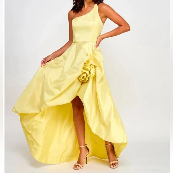 Juniors' One-Shoulder Rosette Formal Party Gown Yellow High-Low Skirt Size 3/4 - Picture 4 of 5